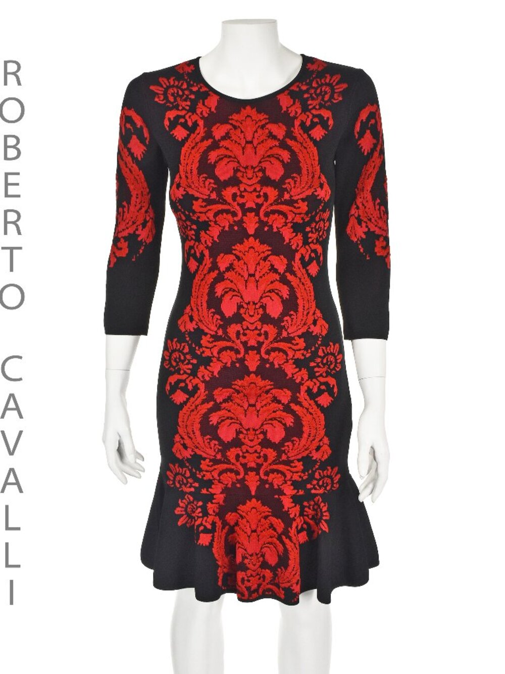 ROBERTO CAVALLI c. 2005 Black & Red Baroque Jacquard Knit Flounce Dress, SZ SM